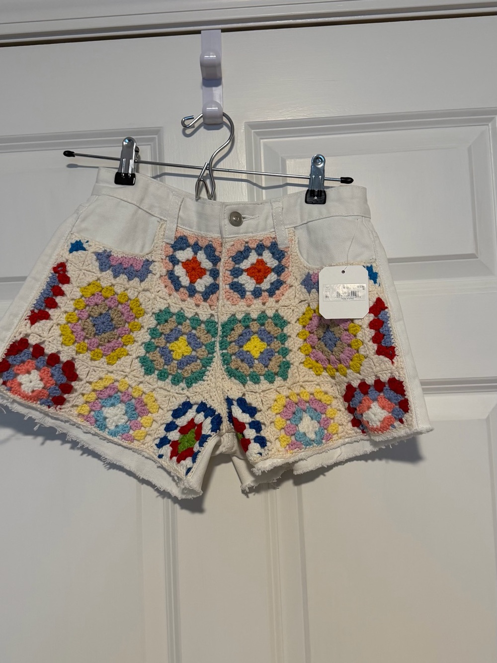 Altar'd State White Denim Shorts with Multicolor Crochet Patchwork